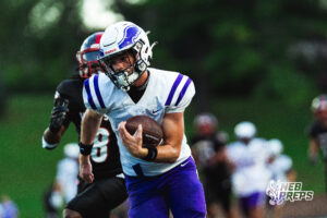 Central wide receiver #8 Brayden Gammel runs downfield after catching a pass, during a High School Football game, Friday, September 18th, 2026, in Omaha, Nebraska. Photo by Nick Barajas.