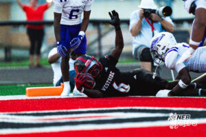 Westside's running back #6 Tay Tay Jenkins celebrates a touchdown in the endzone, during a High School Football game, Friday, September 18th, 2026, in Omaha, Nebraska. Photo by Nick Barajas.