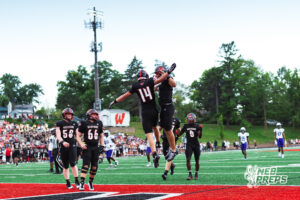 Westside's #14 Luke Weiss and #2 Braylen Warren celebrate a touchdown, during a High School Football game, Friday, September 18th, 2026, in Omaha, Nebraska. Photo by Nick Barajas.