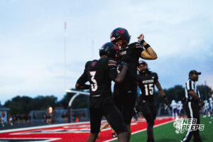 Westside's wide receiver #3 Bryce Johnson Jr and Westside quarterback #2 Braylen Warren celebrate a touchdown, during a High School Football game, Friday, September 18th, 2026, in Omaha, Nebraska. Photo by Nick Barajas.