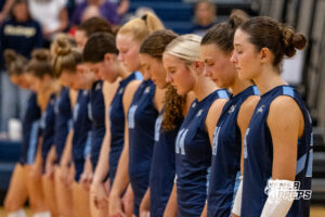 The Concordia Mustangs participate in a pregame prayer before a high school volleyball game against Elmwood-Murdock on Thursday, September 17, 2026 in Omaha, Nebraska. Photo By Jack Stephens.