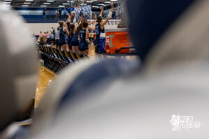 Concordia’s bench celebrates after the Mustangs scored a point during a high school volleyball game against Elmwood-Murdock on Thursday, September 17, 2026 in Omaha, Nebraska. Photo By Jack Stephens.