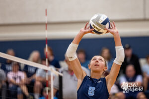 Concordia’s Alyse Moulton (6) sets the ball during a high school volleyball game against Elmwood-Murdock on Thursday, September 17, 2026 in Omaha, Nebraska. Photo By Jack Stephens.
