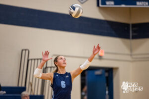 Concordia’s Alyse Moulton (6) serves the ball during a high school volleyball game against Elmwood-Murdock on Thursday, September 17, 2026 in Omaha, Nebraska. Photo By Jack Stephens.
