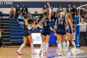 The Concordia Mustangs enter a team huddle after scoring a point during a high school volleyball game against Elmwood-Murdock on Thursday, September 17, 2026 in Omaha, Nebraska. Photo By Jack Stephens.