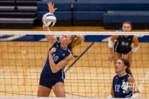 Concordia’s Grace Samuelson (10) spikes the ball during a high school volleyball game against Elmwood-Murdock on Thursday, September 17, 2026 in Omaha, Nebraska. Photo By Jack Stephens.