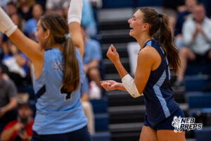 Concordia’s Addie Stater (24) yells in celebration after the Mustangs scored a point during a high school volleyball game against Elmwood-Murdock on Thursday, September 17, 2026 in Omaha, Nebraska. Photo By Jack Stephens.