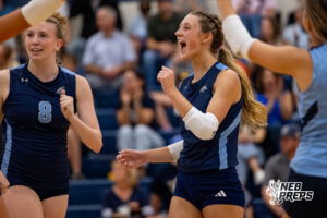Concordia’s Alyse Moulton (6) yells in celebration after the Mustangs scored a point during a high school volleyball game against Elmwood-Murdock on Thursday, September 17, 2026 in Omaha, Nebraska. Photo By Jack Stephens.