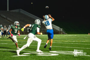 Lucas Heldmann (18 catches a pass during a football game against the Lincoln Southwest Silverhawks on September 25, 2026, in Lincoln, Nebraska. Photo by Rob Olvera.