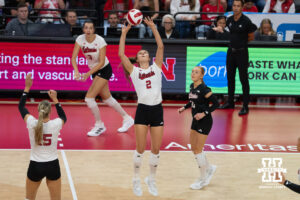 Nebraska Cornhusker (2) Bergen Reilly sets the ball during a college volleyball game against Ohio State on Sept. 26, 2026 in Lincoln, Nebraska. Photo by Christian Naujokaitis