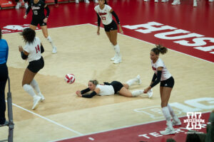 Nebraska Cornhusker (6) Laney Choby digs the ball during a college volleyball game against Ohio State on Sept. 26, 2026 in Lincoln, Nebraska. Photo by Christian Naujokaitis