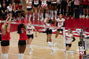 Nebraska Cornhusker (21) Skyler Pierce spikes during a college volleyball game against Ohio State on Sept. 26, 2026 in Lincoln, Nebraska. Photo by Christian Naujokaitis