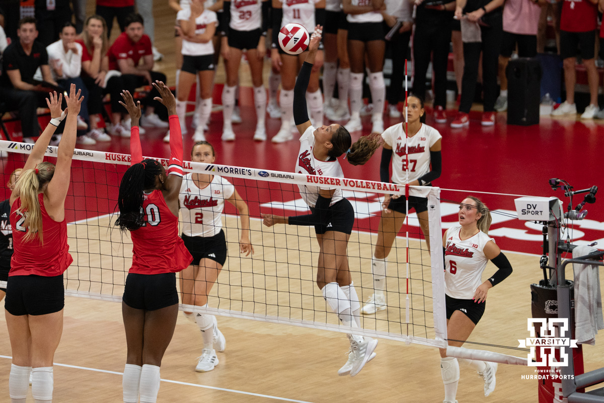 Nebraska Cornhusker (21) Skyler Pierce spikes during a college volleyball game against Ohio State on Sept. 26, 2026 in Lincoln, Nebraska. Photo by Christian Naujokaitis