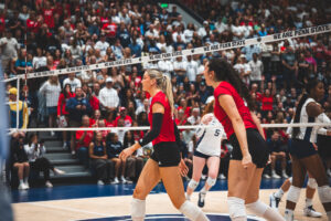 Andi Jackson and Virginia Adriano react after a point in Nebraska volleyball's win at Penn State. Photo courtesy Nebraska Athletics.