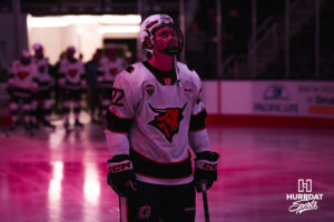 Omaha hockey freshman Lincoln Hjelm skates out during starting lineup introductions ahead of the Mavericks' exhibition win over Manitoba. Photo by Brandon Tiedemann.