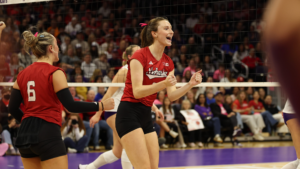 Laney Choboy (6) and Bergen Reilly celebrate against Northwestern. Ohoto courtesy Nebraska Athletics.