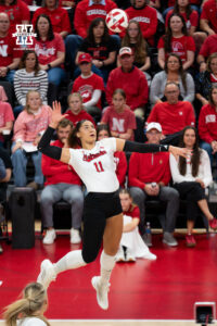 Nebraska volleyball sophomore Teraya Sigler elevates for one of her career-high 15 kills against Purdue. Photo by Jackson D. Luethje.