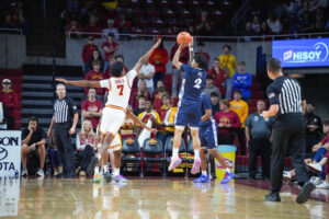 Creighton Bluejay guard Wes Enis shoots a 3-pointer during a college basketball game on Sunday, Oct. 18, 2026, in Ames, Ia. Photo by Mike Sautter