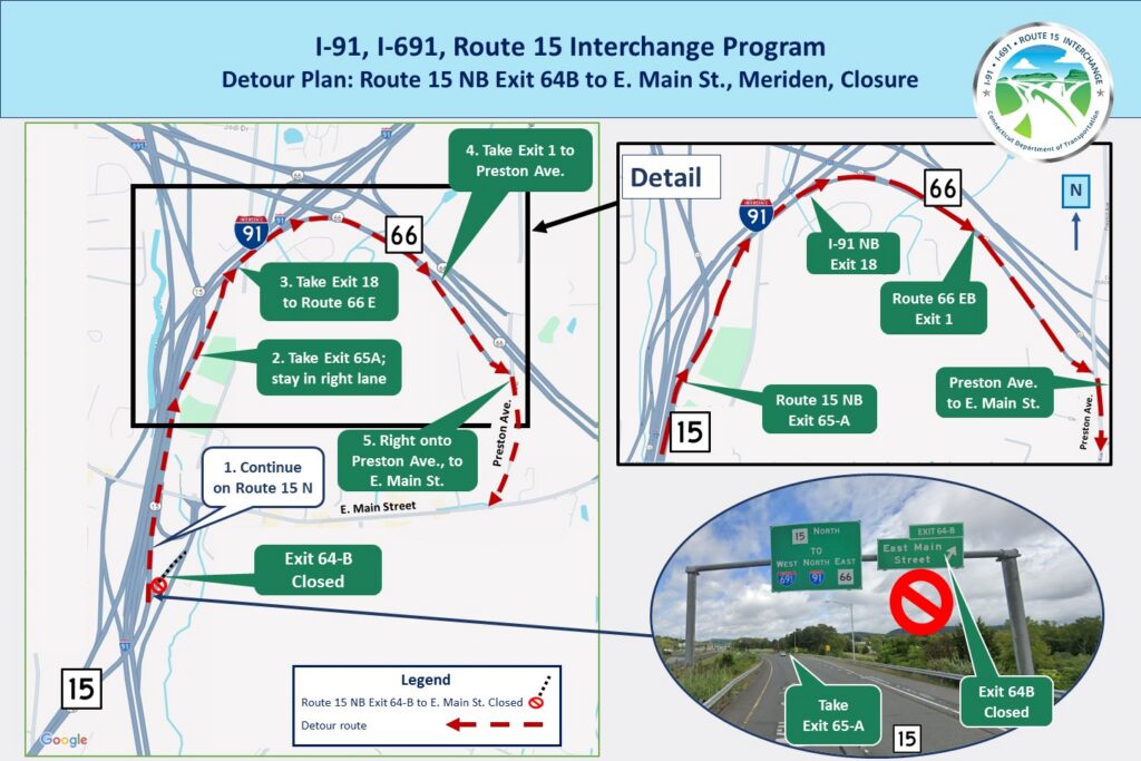 Route 15 NB Exit 64B to East Main Street closure and detour map