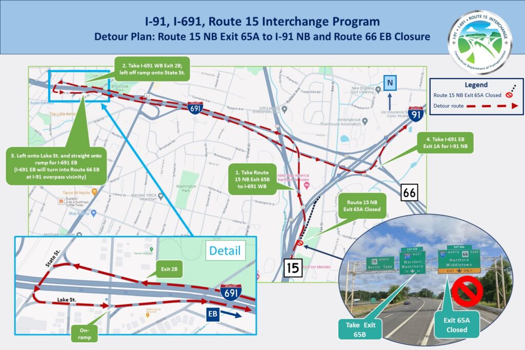 Detour map for Route 15 NB Exit 65A closure