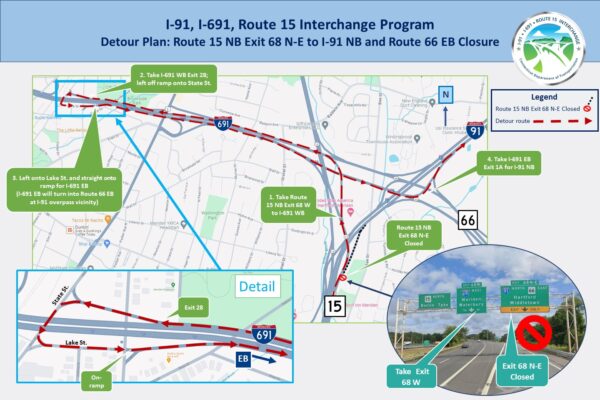 Detour: Route 15 NB Exit 68 N-E to I-91 NB and Route 66 EB Detour Route ...