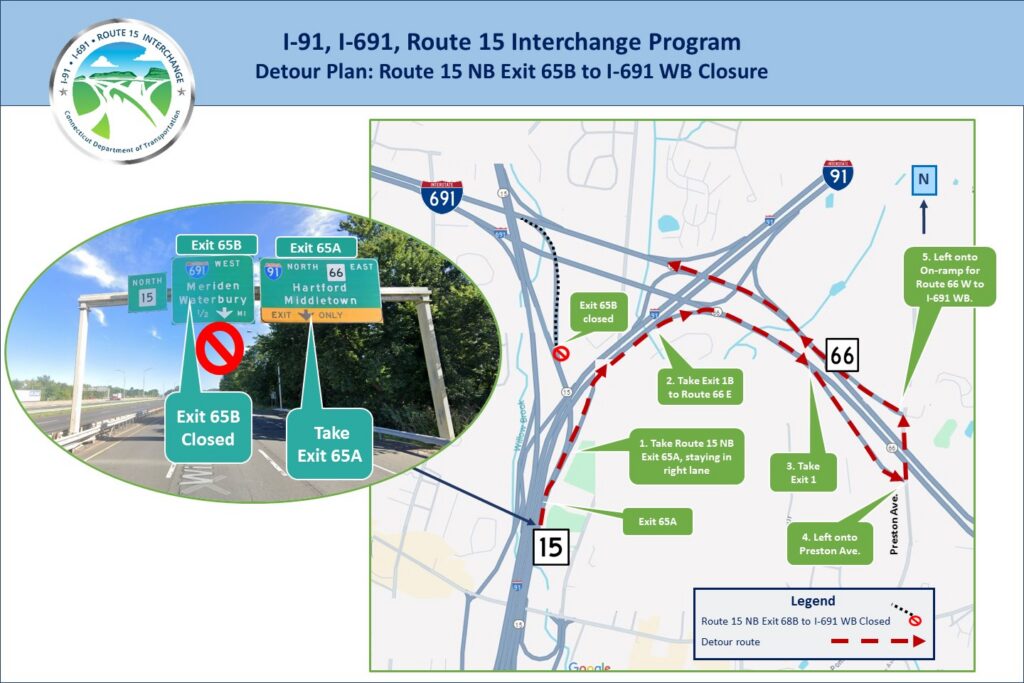 Detour map when Route 15 NB Exit 6AB to I-691 WB is closed