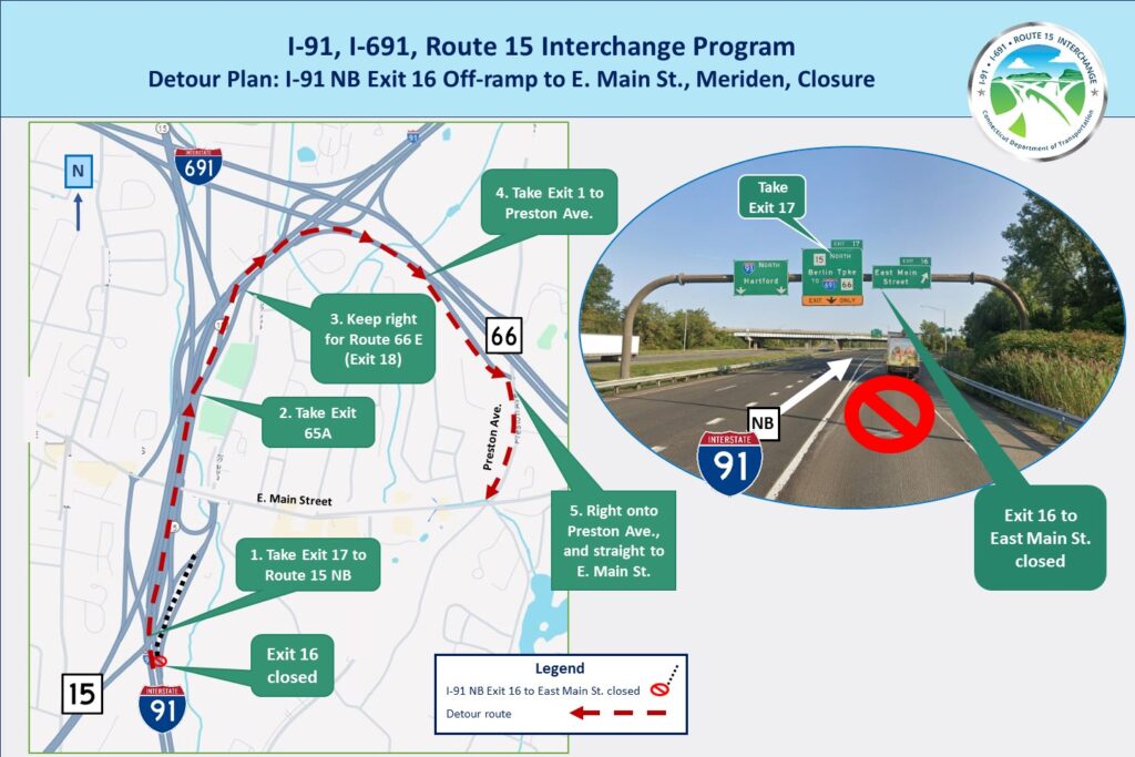 Detour map of the I-91NB Exit 16 ramp closure to E. Main St.