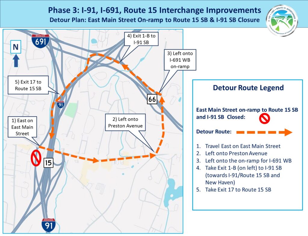 Detour map for East Main Street on-ramp to I-91 SB and Route 15 SB closure