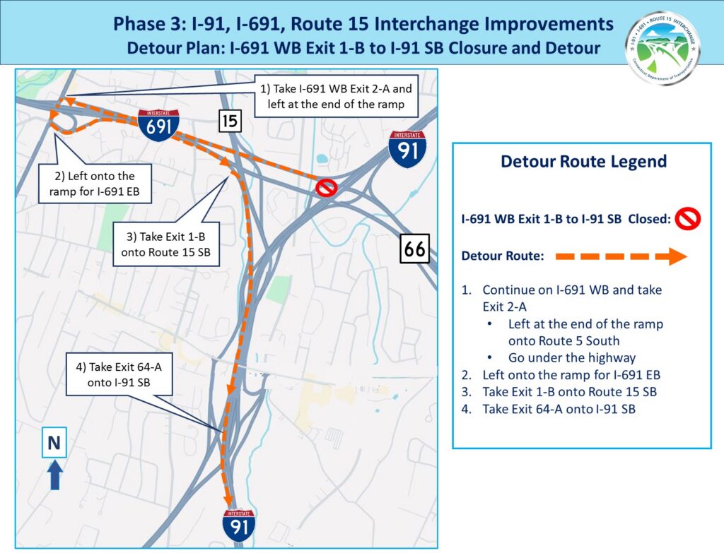 Detour map for I-691 WB Exit 1B to I-91 SB