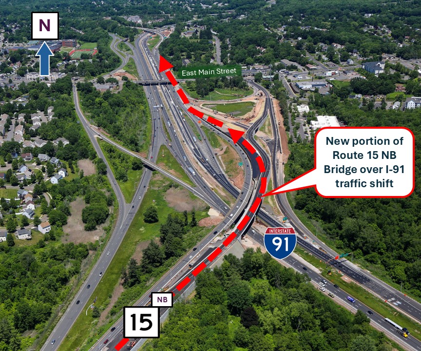 Route 15 NB shift to new bridge over I-91