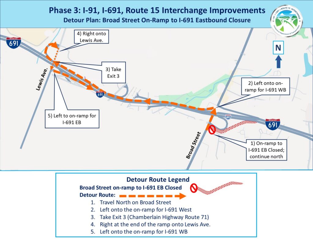 Map with Broad Street on-ramp closure detour route to I-691 Eastbound