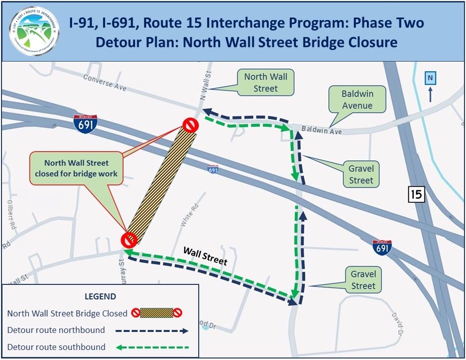 Detour route map for North Wall Street Bridge closure