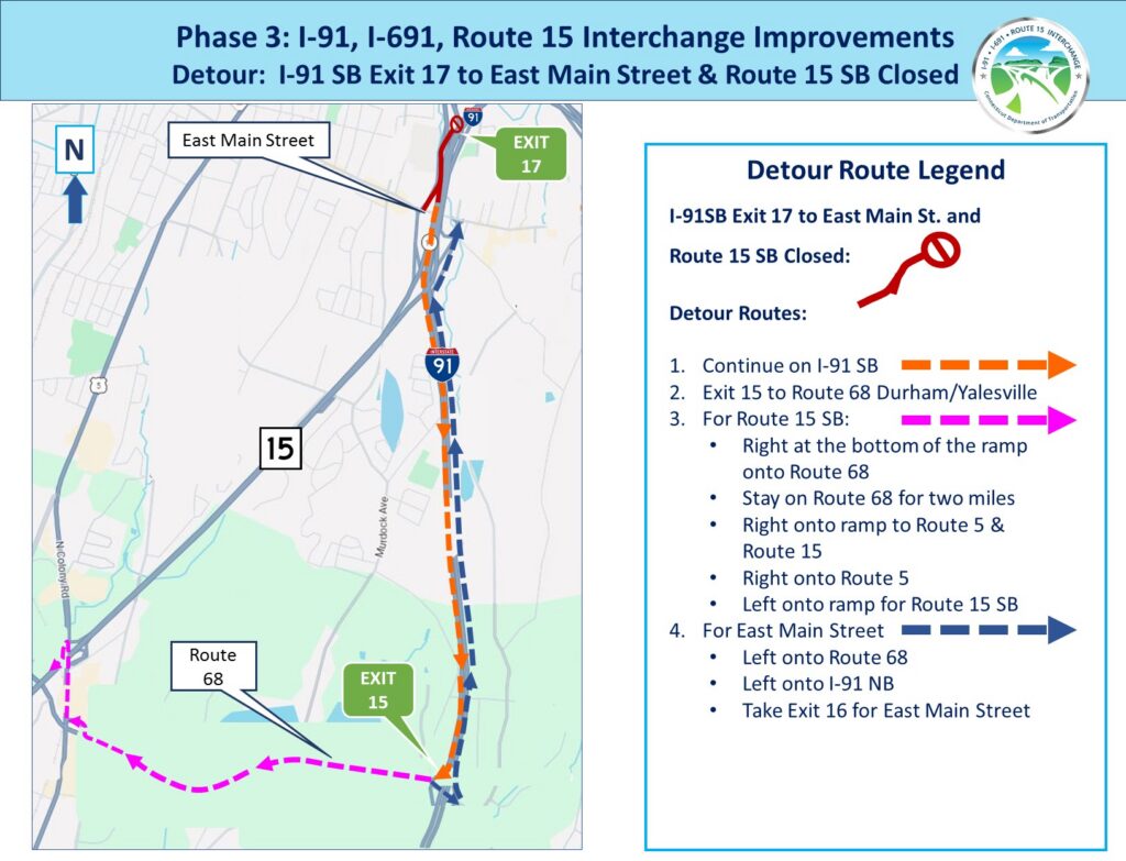Detour map for when I-91 SB Exit 17 to East Main Street and Route15 SB is closed
