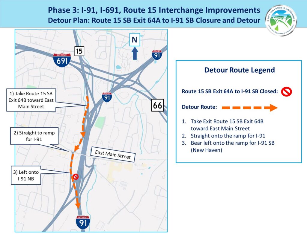 Detour Map: Route 15 SB Exit 64A to I-91 SB Closure
