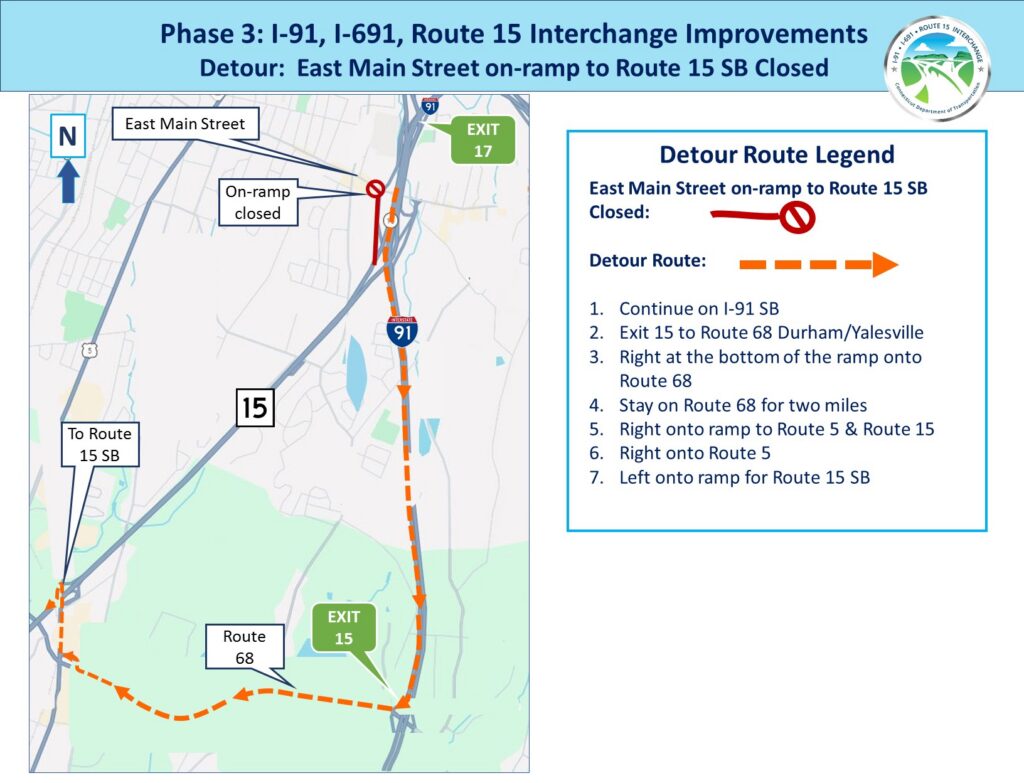 Detour route map for the East Main Street on-ramp to Route 15 SB closure