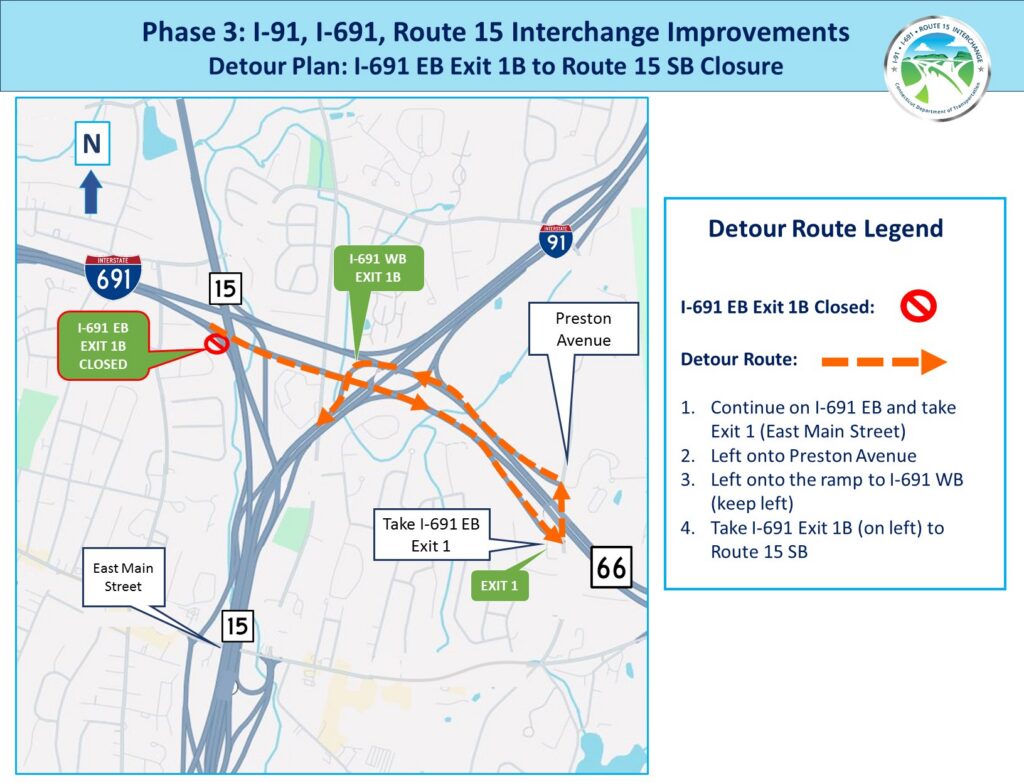 Detour route map for the I-691 EB ramp to Route 15 SB closure