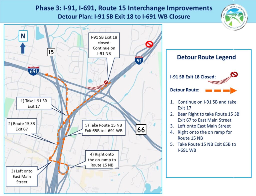 Detour map for the I-91 SB Exit 18 closure