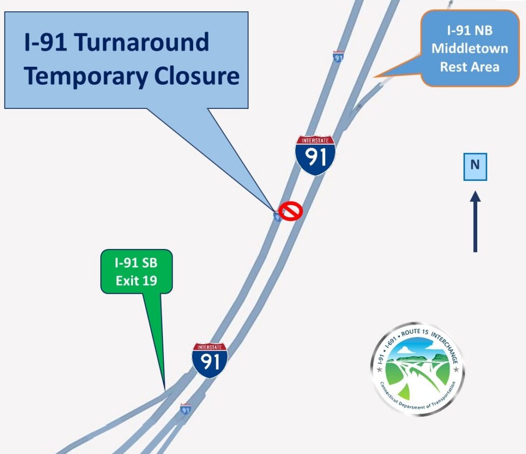 I-91 Turnaround Temporary closure location on a map