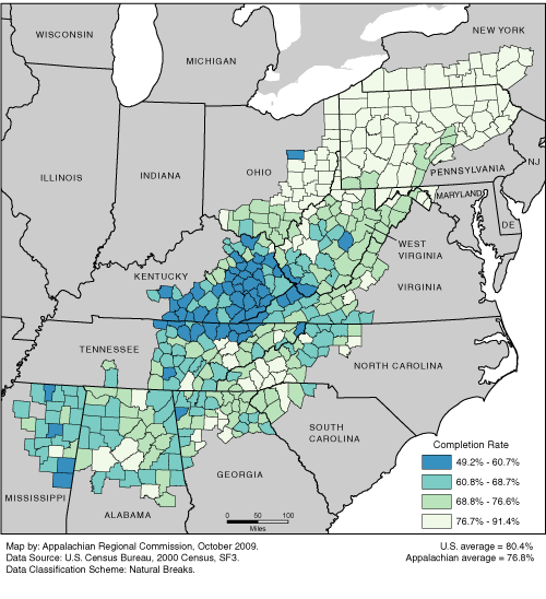 High School Completion Rates in Appalachia by County (2000) High School Completion Rates in Appalachia by County