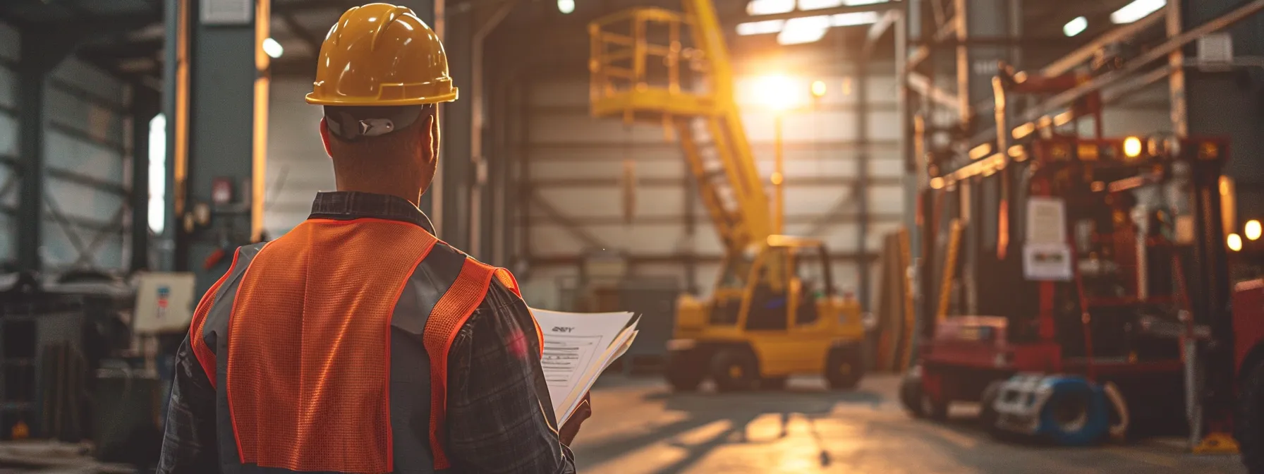 Comprehensive Guide to Man Lift Rental Inspection for Safety Compliance 5 a mechanic meticulously inspecting a man lift rental with detailed records and maintenance plans in the background.