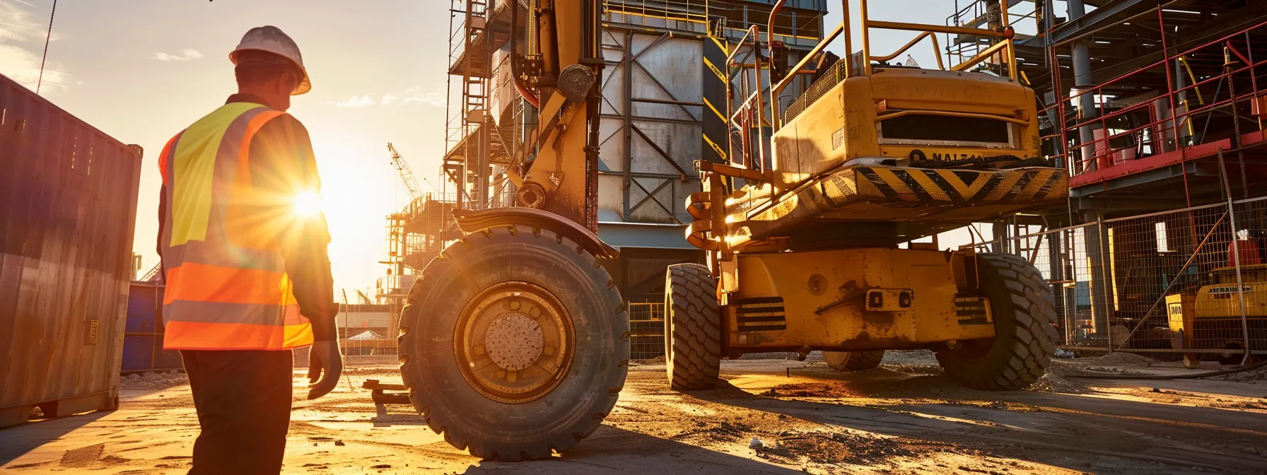 Comprehensive Guide to Man Lift Rental Inspection for Safety Compliance 3 a construction worker meticulously inspecting a man lift, checking fluid levels, tires, and structural integrity, ensuring safety on the job site.