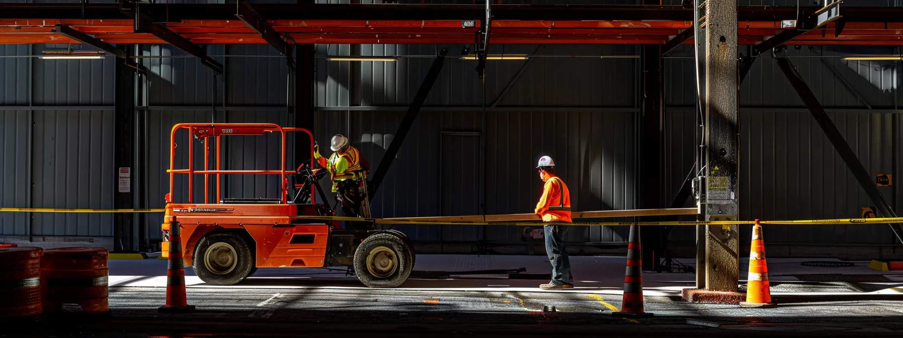 Understanding State-Specific Man Lift Rental Laws 3 a construction worker carefully inspecting a man lift, surrounded by safety cones and equipment manuals to ensure compliance with state-specific rental laws.