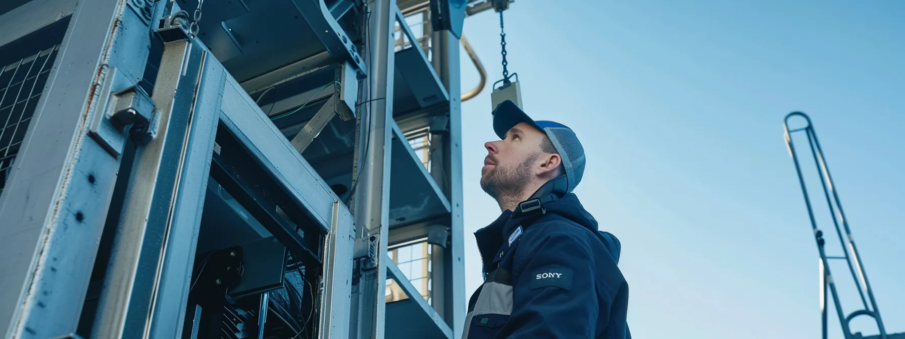 Comprehensive Guide to Man Lift Rental Inspection for Safety Compliance 2 a man carefully inspecting the safety features and emergency systems of a man lift against a backdrop of a clear blue sky.