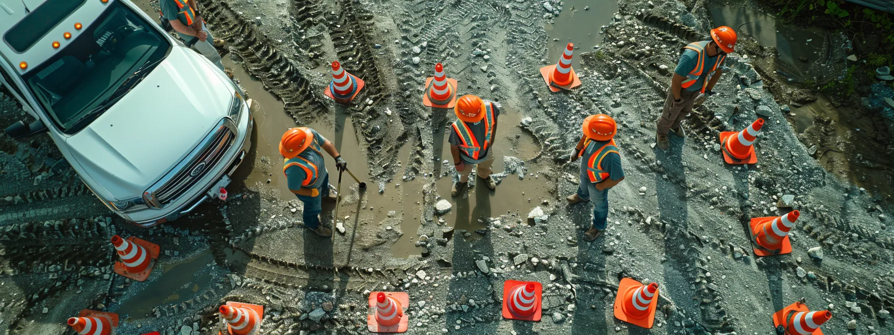Guide to Scheduling Your Man Lift Rental Pickup Efficiently 5 a construction team laying out safety cones and checking access routes for a smooth man lift pickup day.
