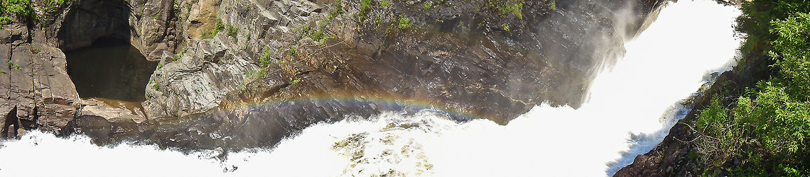 Canyon Waterfall Panorama Wide panorama shot of the upper waterfall in st. Anne&#039;s Canyon in Quebec, Canada Canada,Canyon,North America,Panorama,Quebec,Waterfall