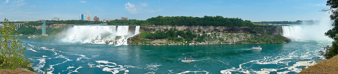 Niagara Falls ground view panorama This is a panorama shot from the boardwalk on the Canadian side of the Niagara Falls. The left waterfall is called the american falls. The right one is called the horseshoe falls. Canada,Niagara Falls,North America,Panorama,Waterfall