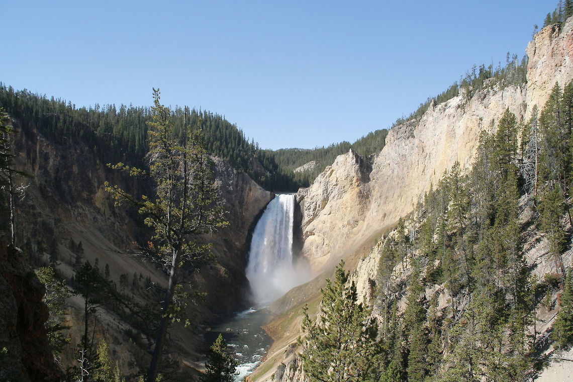 Waterfall valley This beautiful valley picture was shot at Yellowstone National Park National park,North America,United States,Valley,Waterfall,Yellowstone National Park