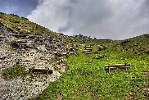 Landscape to the summit Sky, clouds, grass, hills, benches, Austria HDR,Landscapes,Mountains