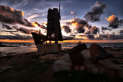 Ship shaped Monument Iron ship Clouds,Monument,Sunset,boat,ocean,ship,water