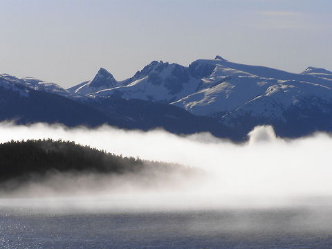 Early Morning Cruising Cruising along the inside passage of Canada and Alaska I had got up at about 5 am to do some whale spotting and found the scenery amazing and forgot about the whales Mountains,fog,morning,water